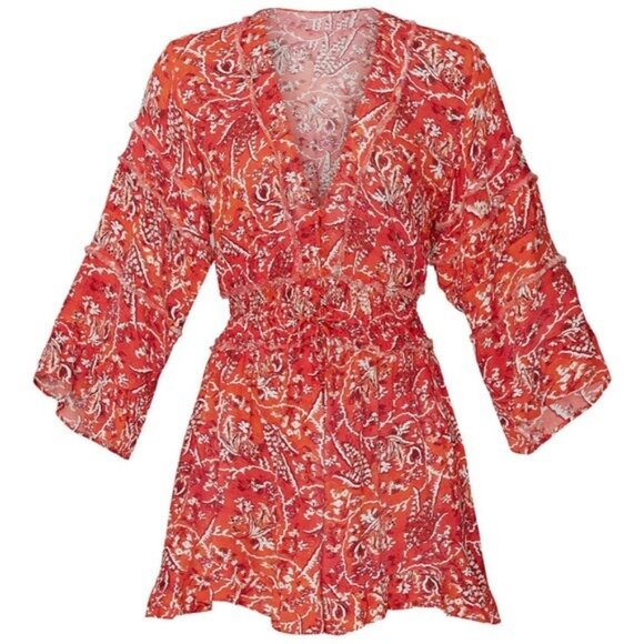 IRO Rhodey Frayed Ruffle Trim Crepe Playsuit 44 Red Romper Floral 12 - Picture 3 of 14